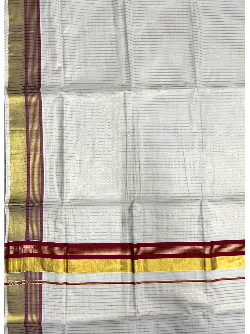 Southloom Pure Cotton Kerala Kasavu Lines Design Saree with Maroon Border