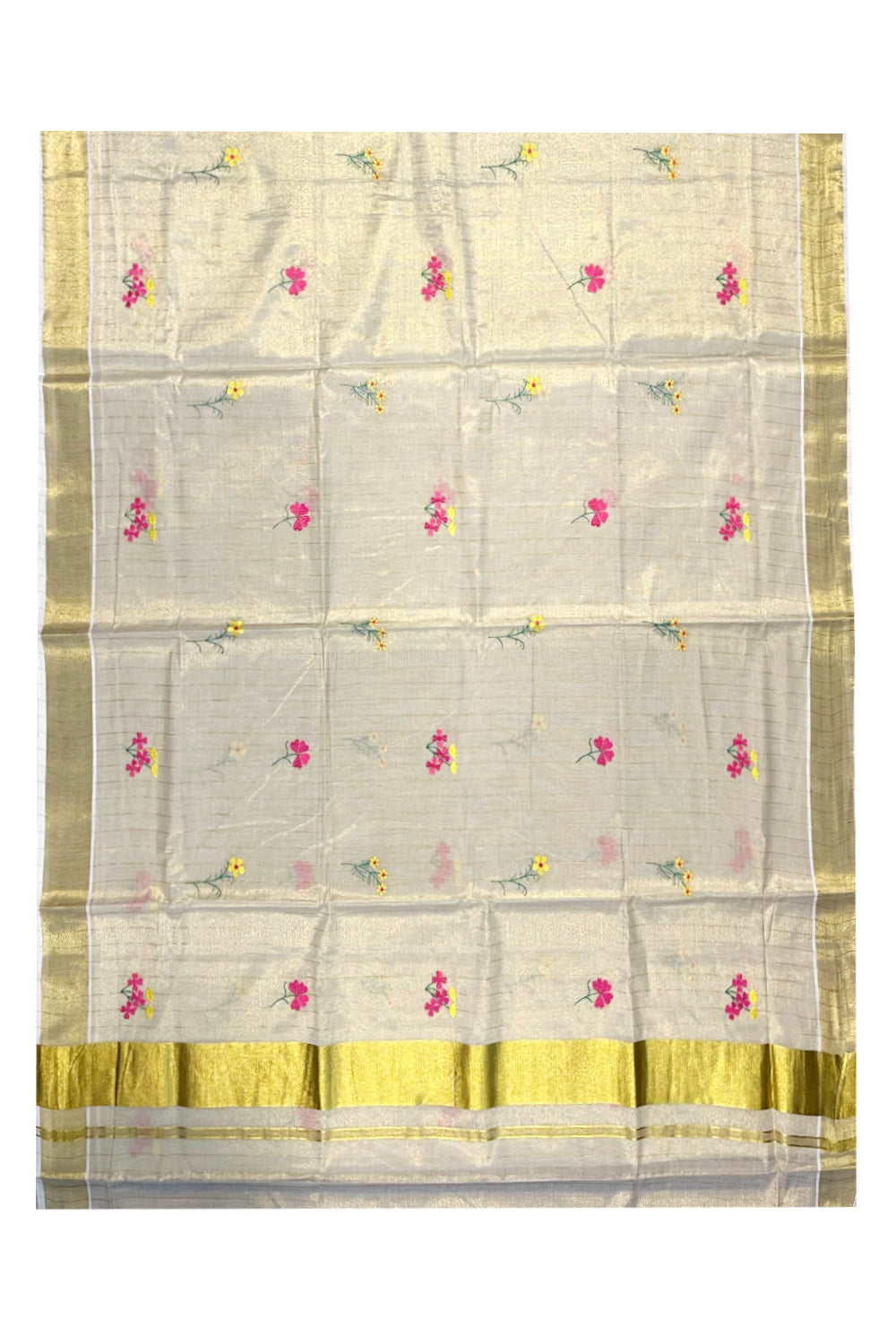 Kerala Tissue Kasavu Lines Saree with Pink Flower Floral Embroidery Works