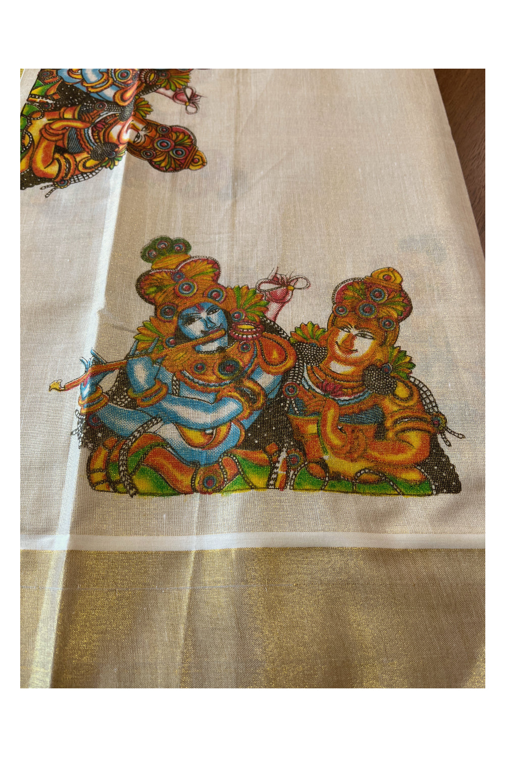 Kerala Tissue Kasavu Set Mundu (Mundum Neriyathum) with Krishna Radha Mural Printed Design