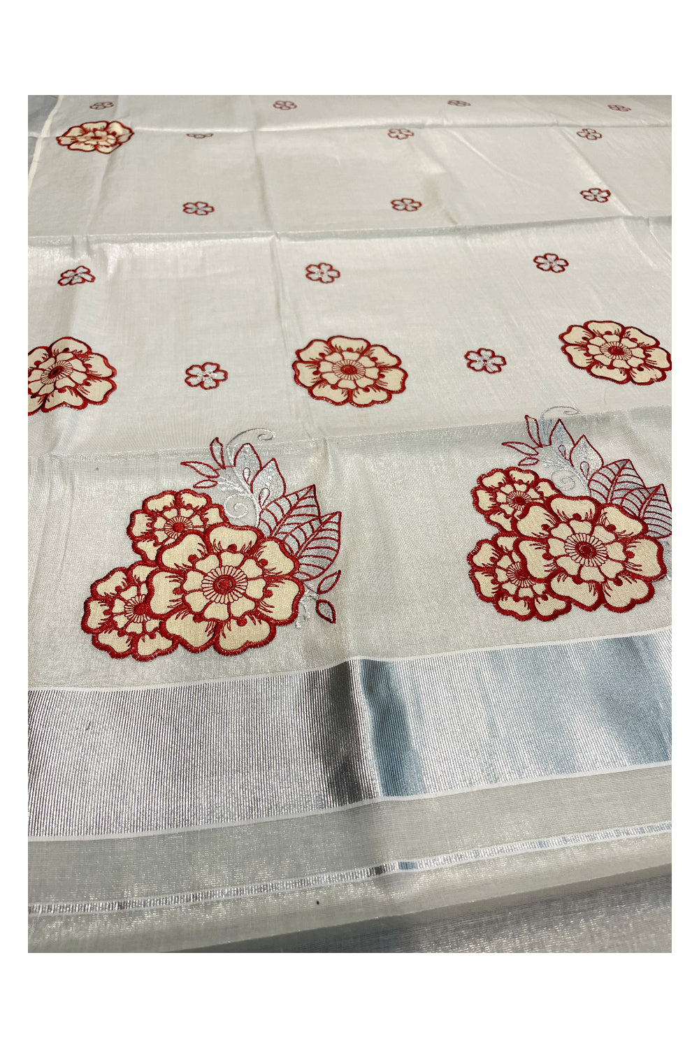 Southloom Kerala Siver Tissue Saree with Red Flower Embroidery Work