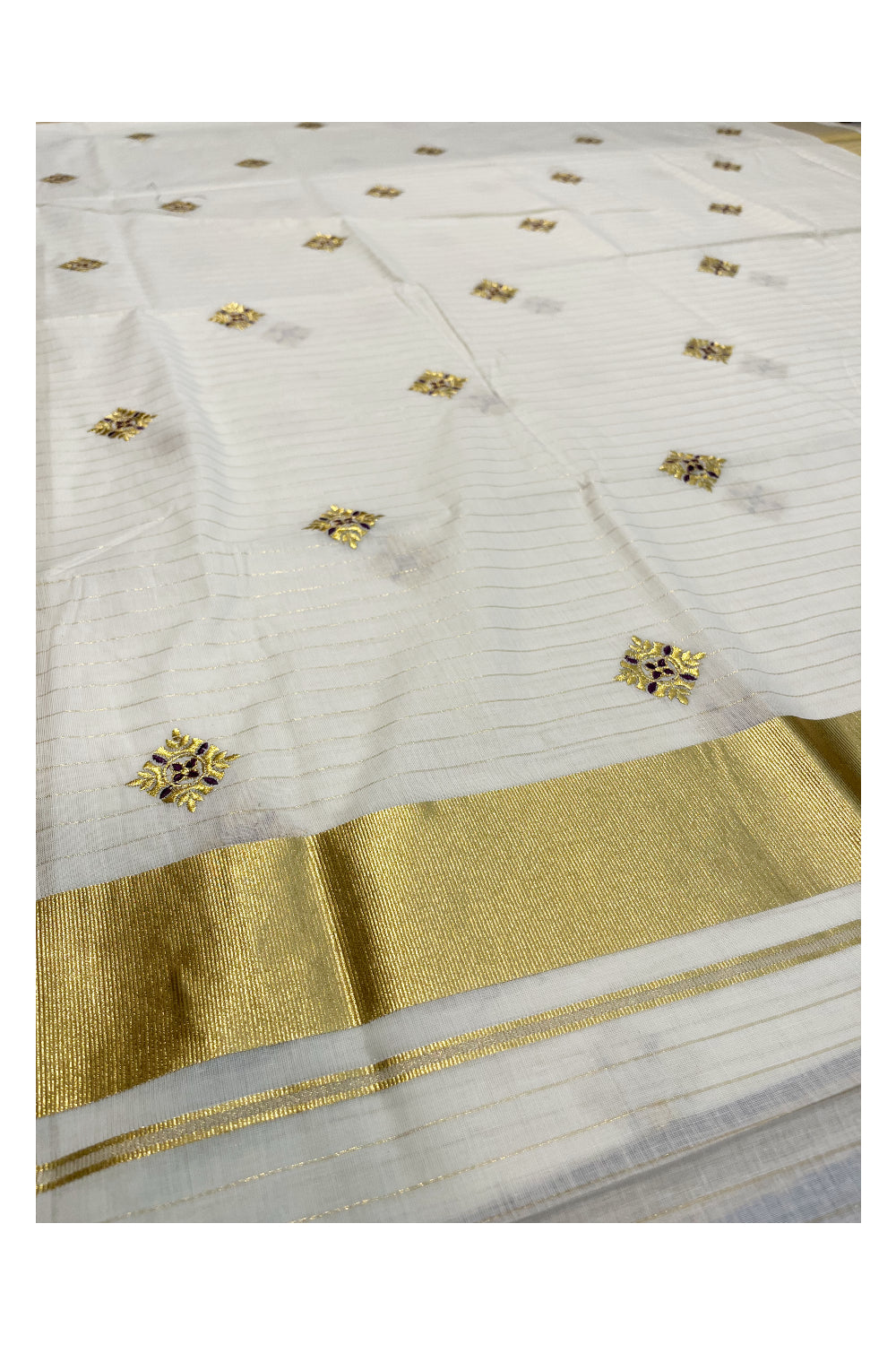 Kerala Cotton Kasavu  Lines Saree with Violet and Golden Embroidery Work