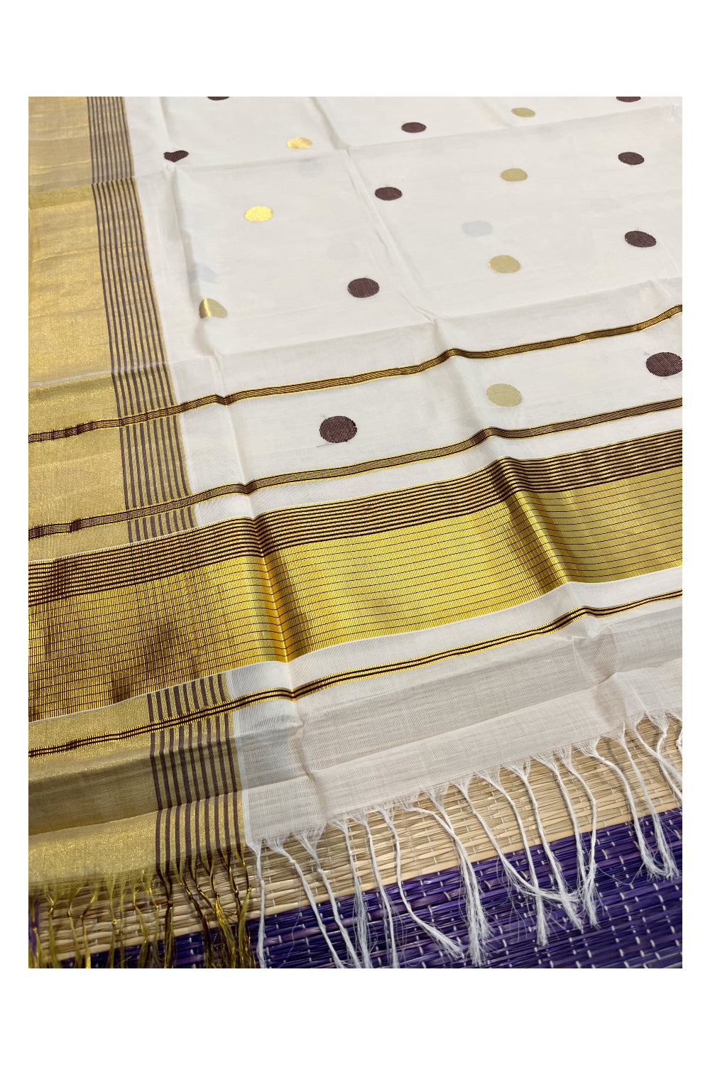 Southloom Premium Handloom Cotton Kasavu Saree with Golden and Brown Polka Design