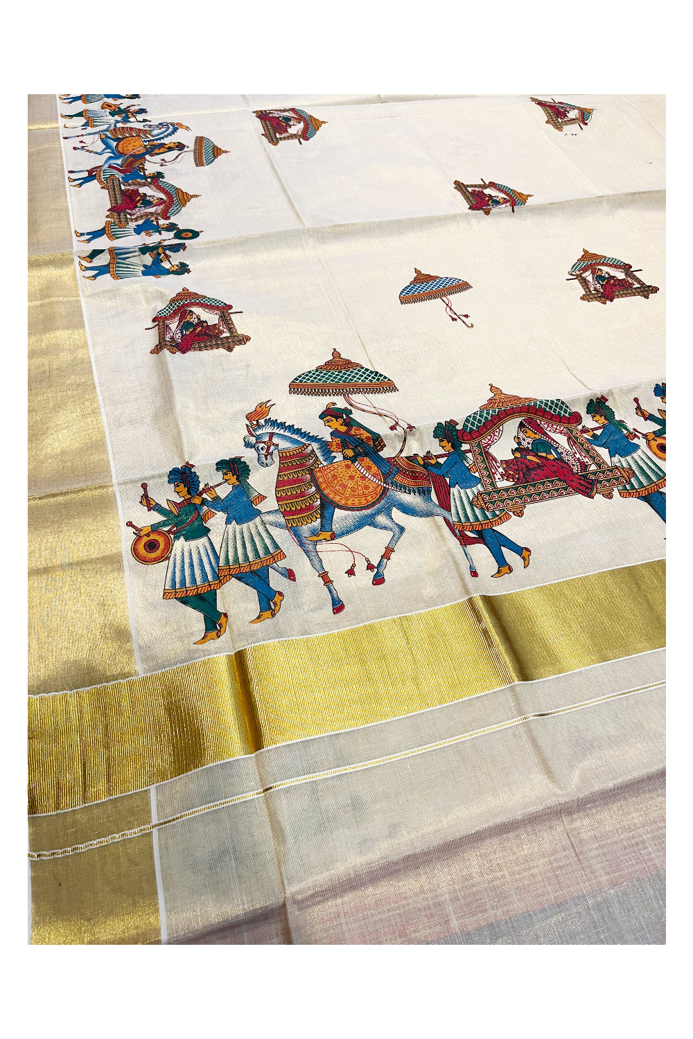 Kerala Tissue Kasavu Saree with Palanquin Block Printed Designs