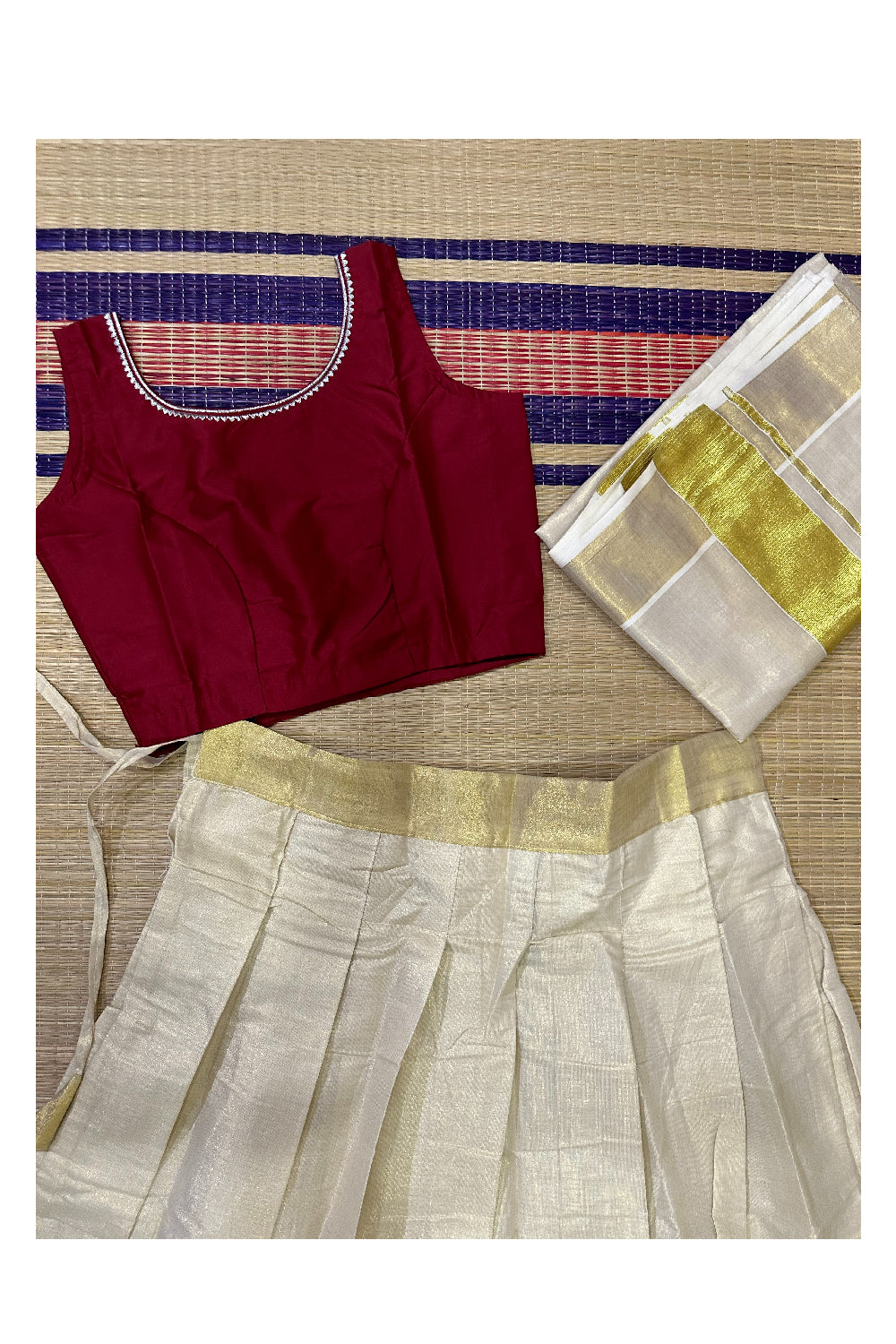 Stitched Dhavani Set with Tissue Pavada and Maroon Readymade Blouse