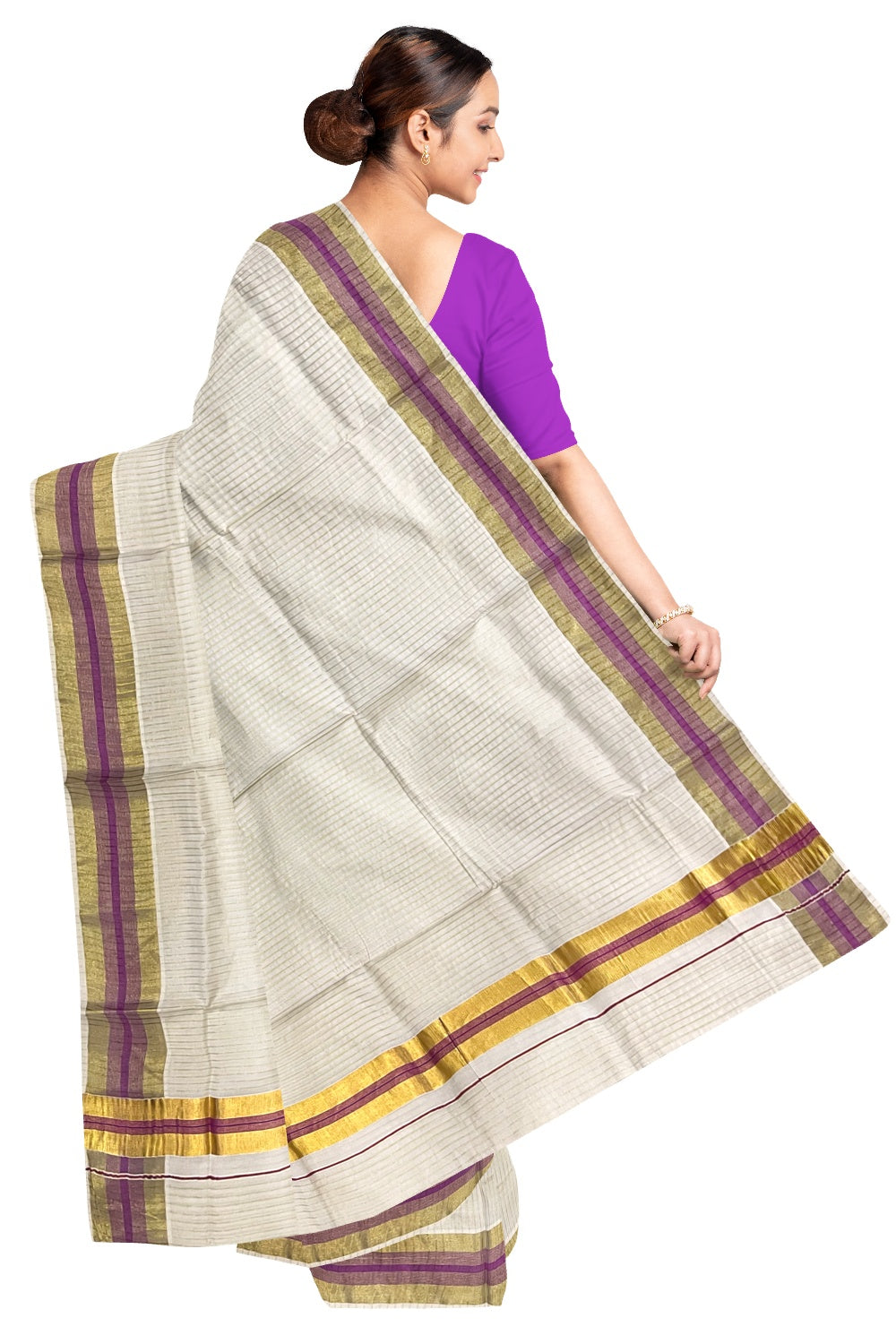 Pure Cotton Kerala Kasavu Lines Design Saree with Violet Border and Tassels Work (Onam Saree 2023)