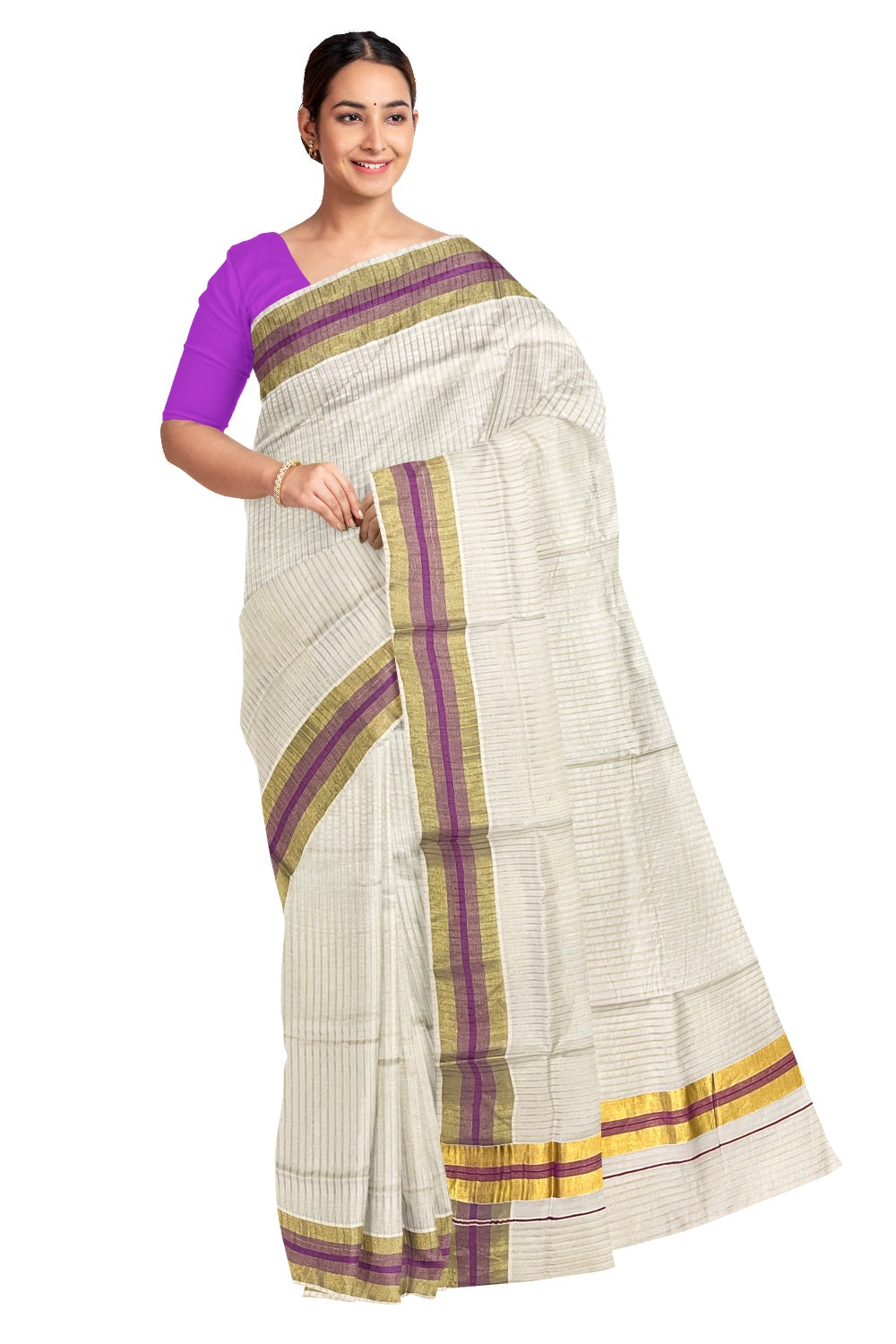 Pure Cotton Kerala Kasavu Lines Design Saree with Violet Border and Tassels Work (Onam Saree 2023)