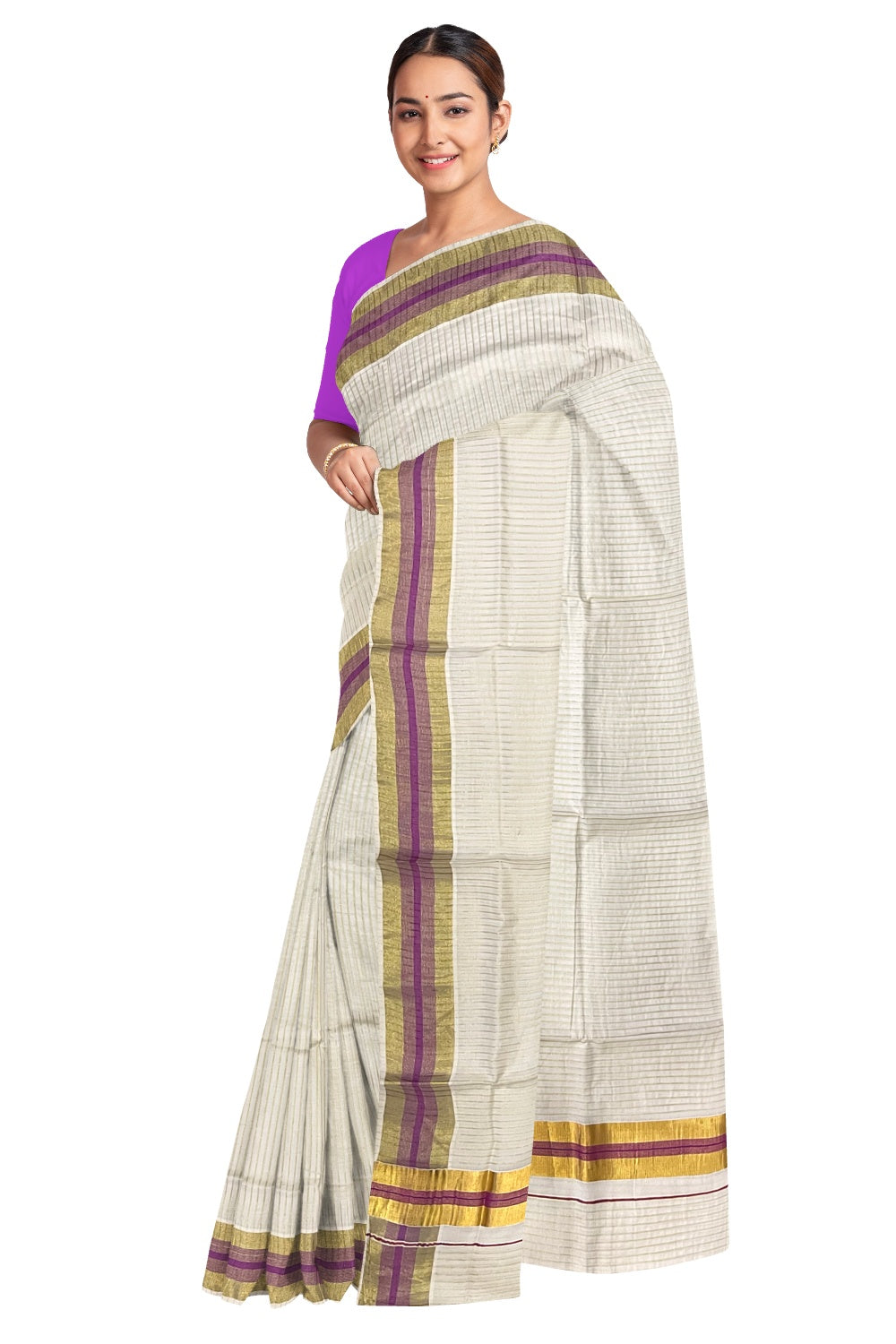 Pure Cotton Kerala Kasavu Lines Design Saree with Violet Border and Tassels Work (Onam Saree 2023)