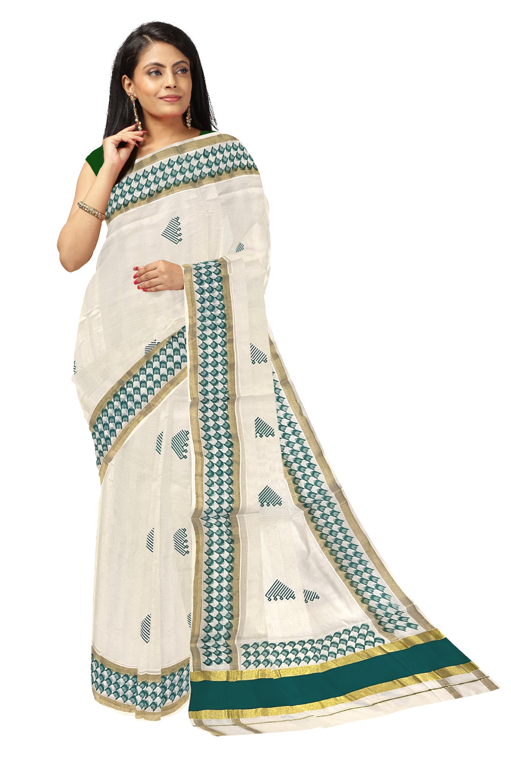 Pure Cotton Kerala Saree with Green Block Printed Kasavu Border