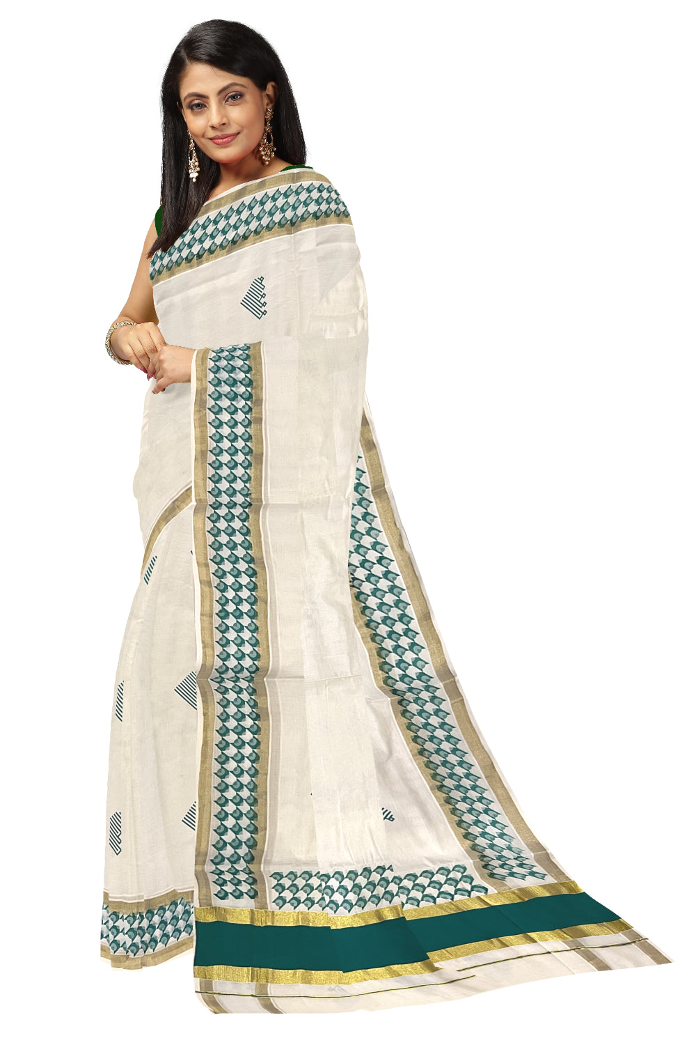 Pure Cotton Kerala Saree with Green Block Printed Kasavu Border