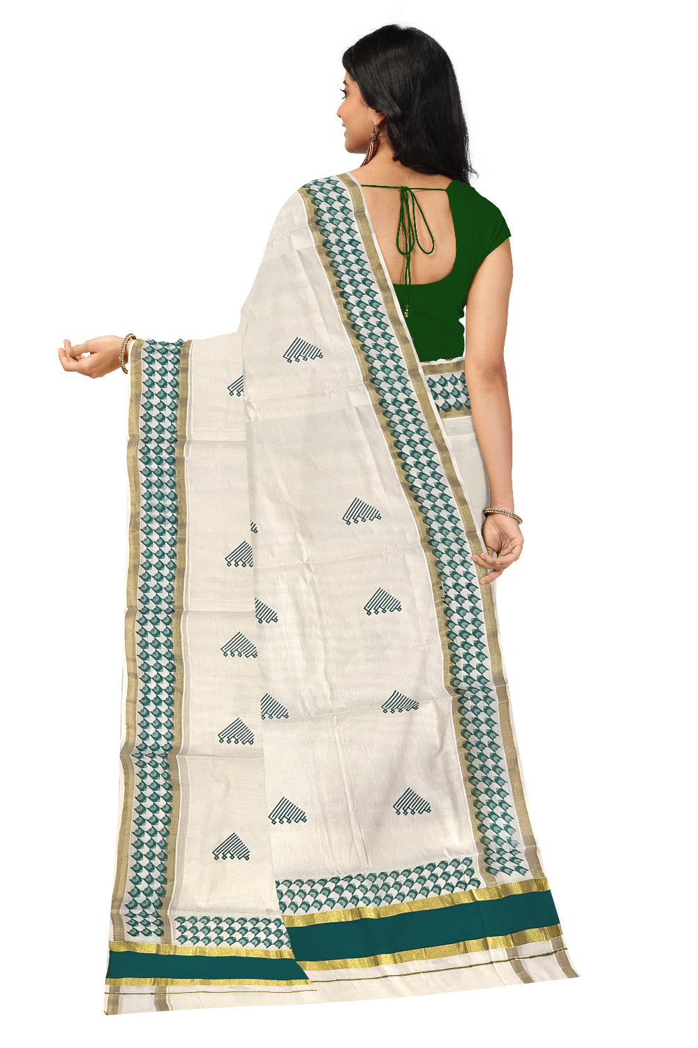 Pure Cotton Kerala Saree with Green Block Printed Kasavu Border