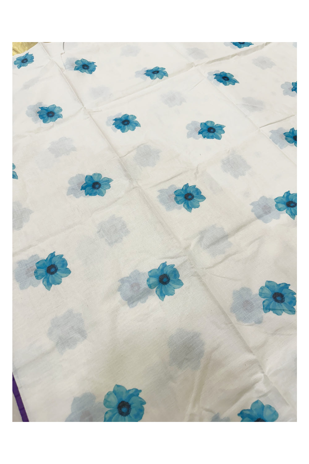 Southloom Exclusive Onam Kasavu Saree with Small Blue Floral High Quality Digital Print Across Body (Matching Printed Blouse Included)