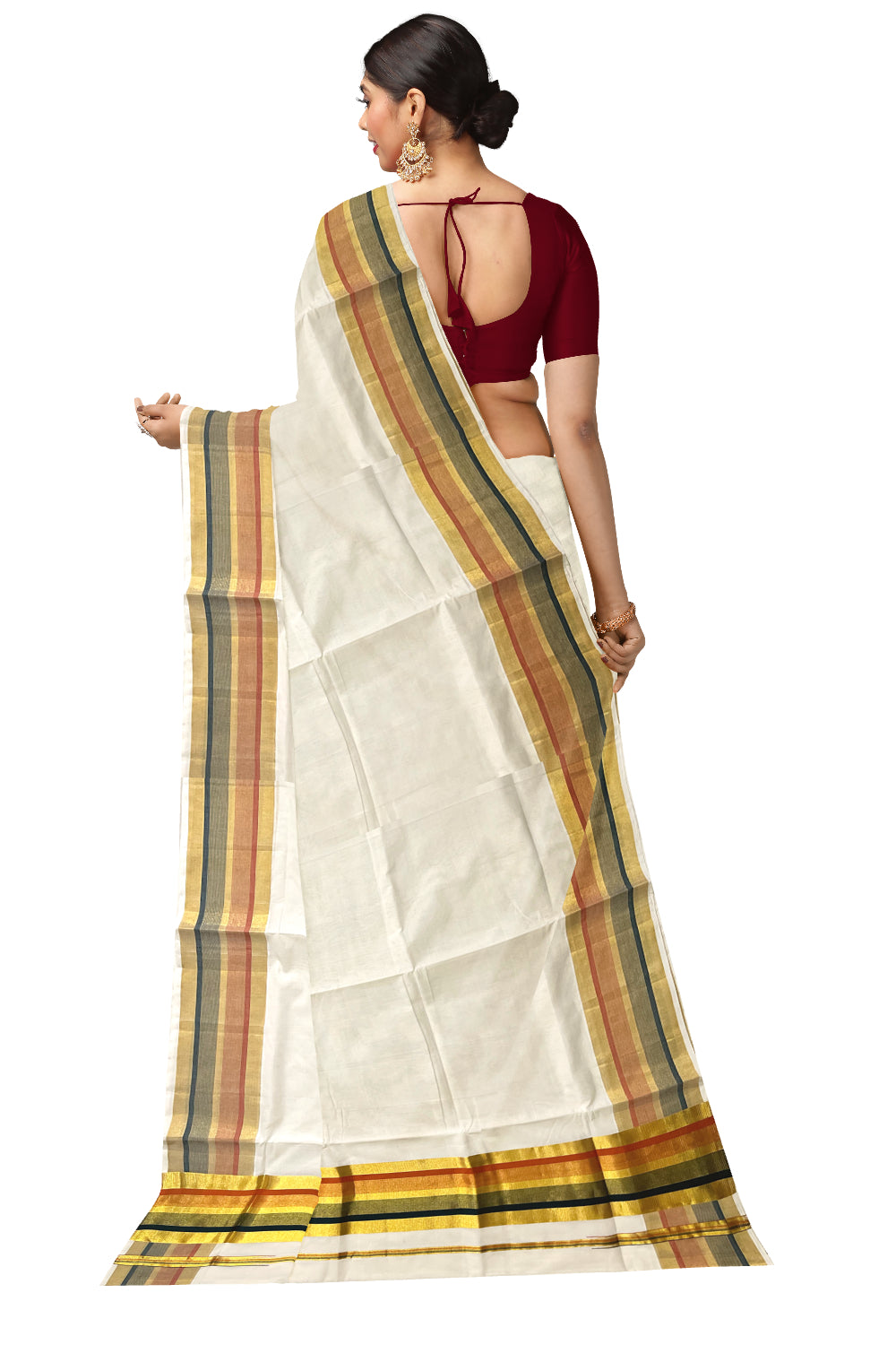 Southloom™ Premium Handloom Kerala Kasavu Saree with Dark Green and Orange Border