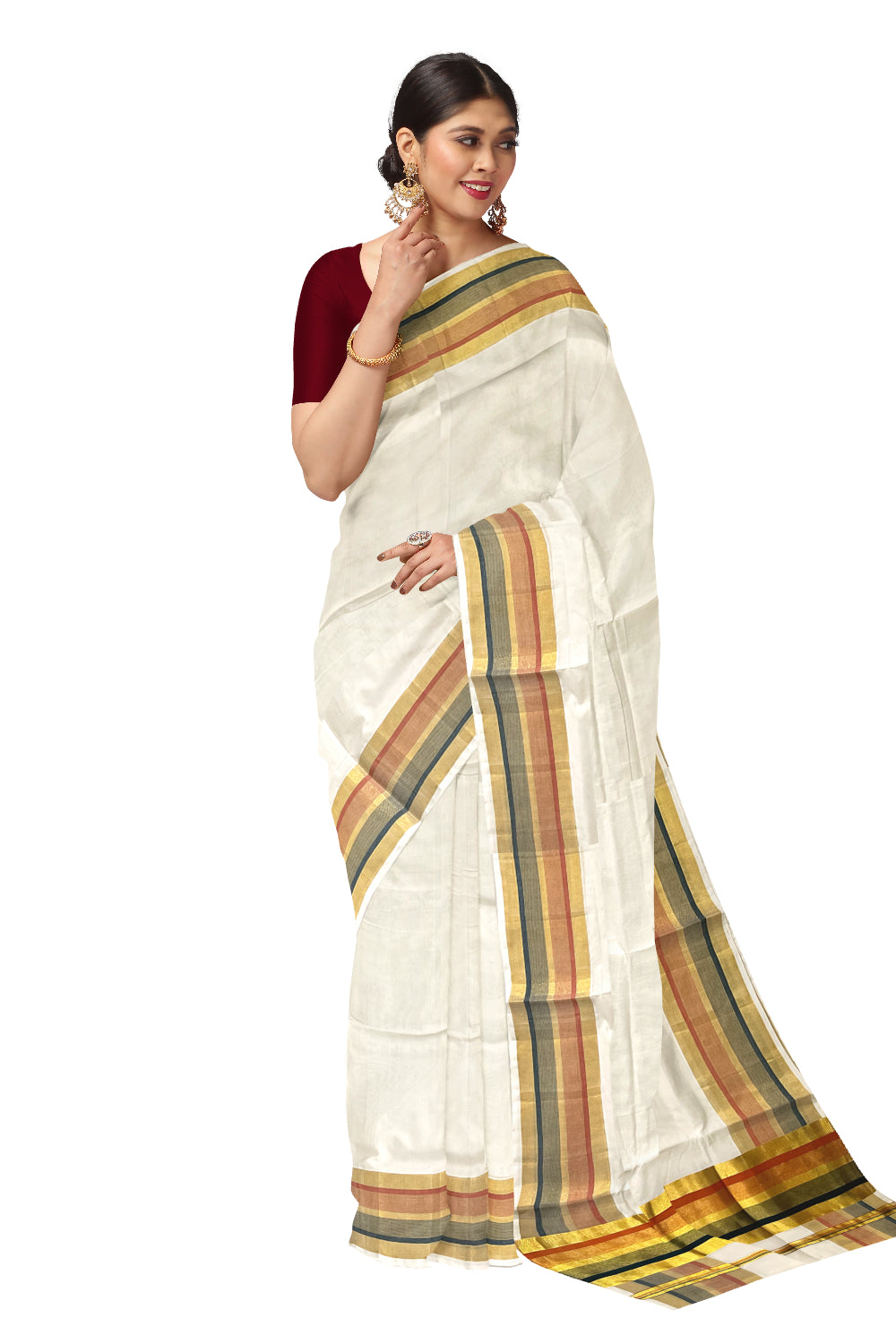 Southloom™ Premium Handloom Kerala Kasavu Saree with Dark Green and Orange Border