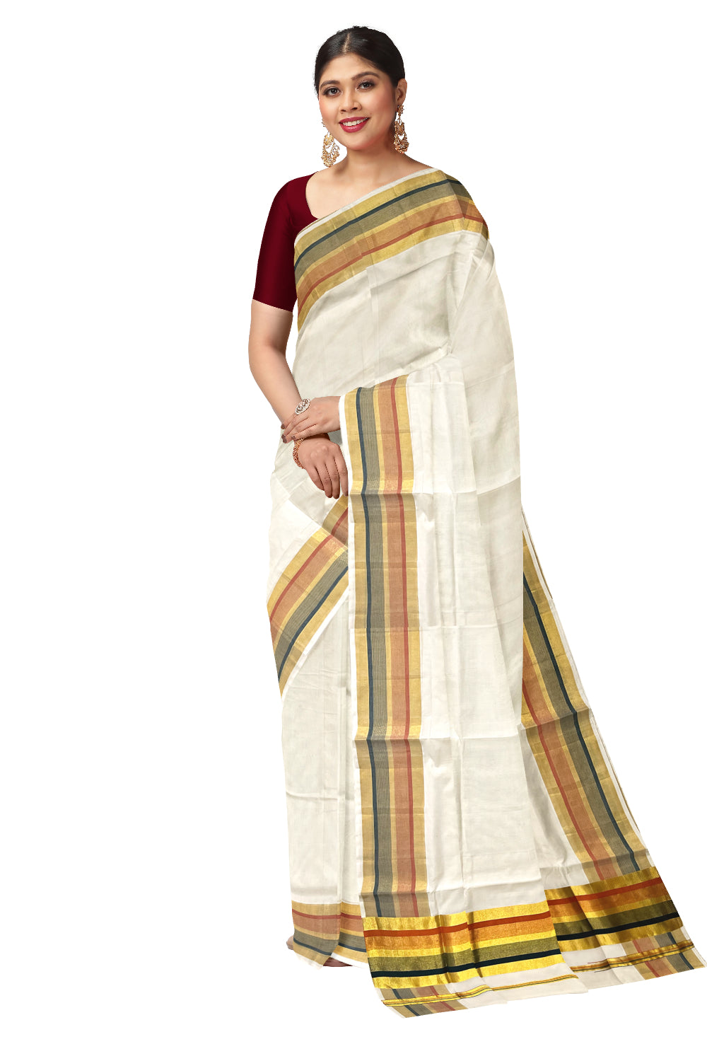 Southloom™ Premium Handloom Kerala Kasavu Saree with Dark Green and Orange Border