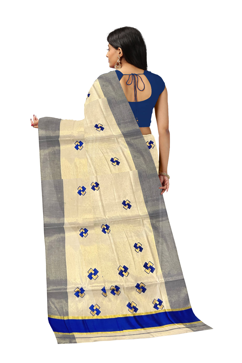 Kerala Tissue Kasavu Saree With Blue Border and Embroidered Designs on Body