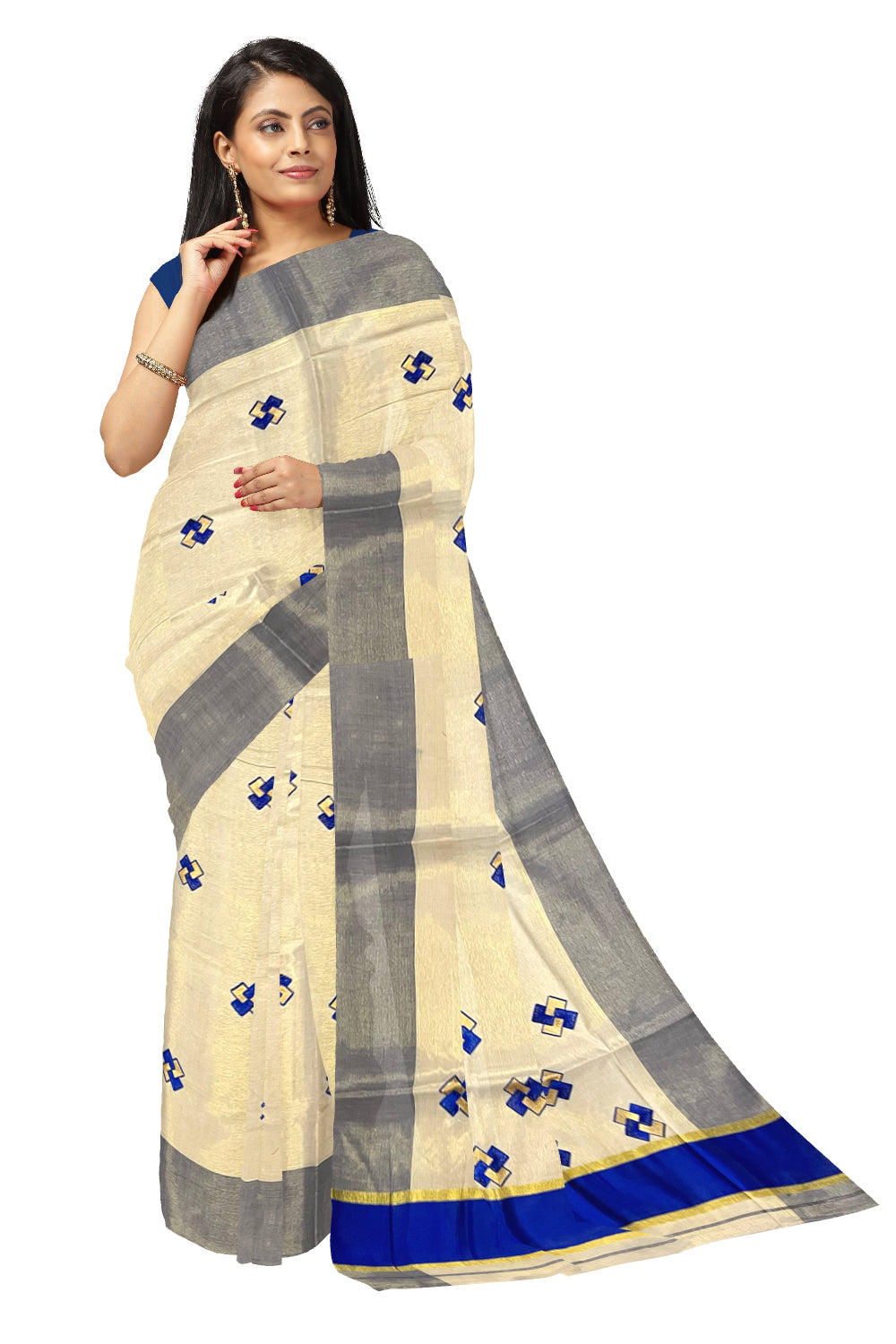 Kerala Tissue Kasavu Saree With Blue Border and Embroidered Designs on Body