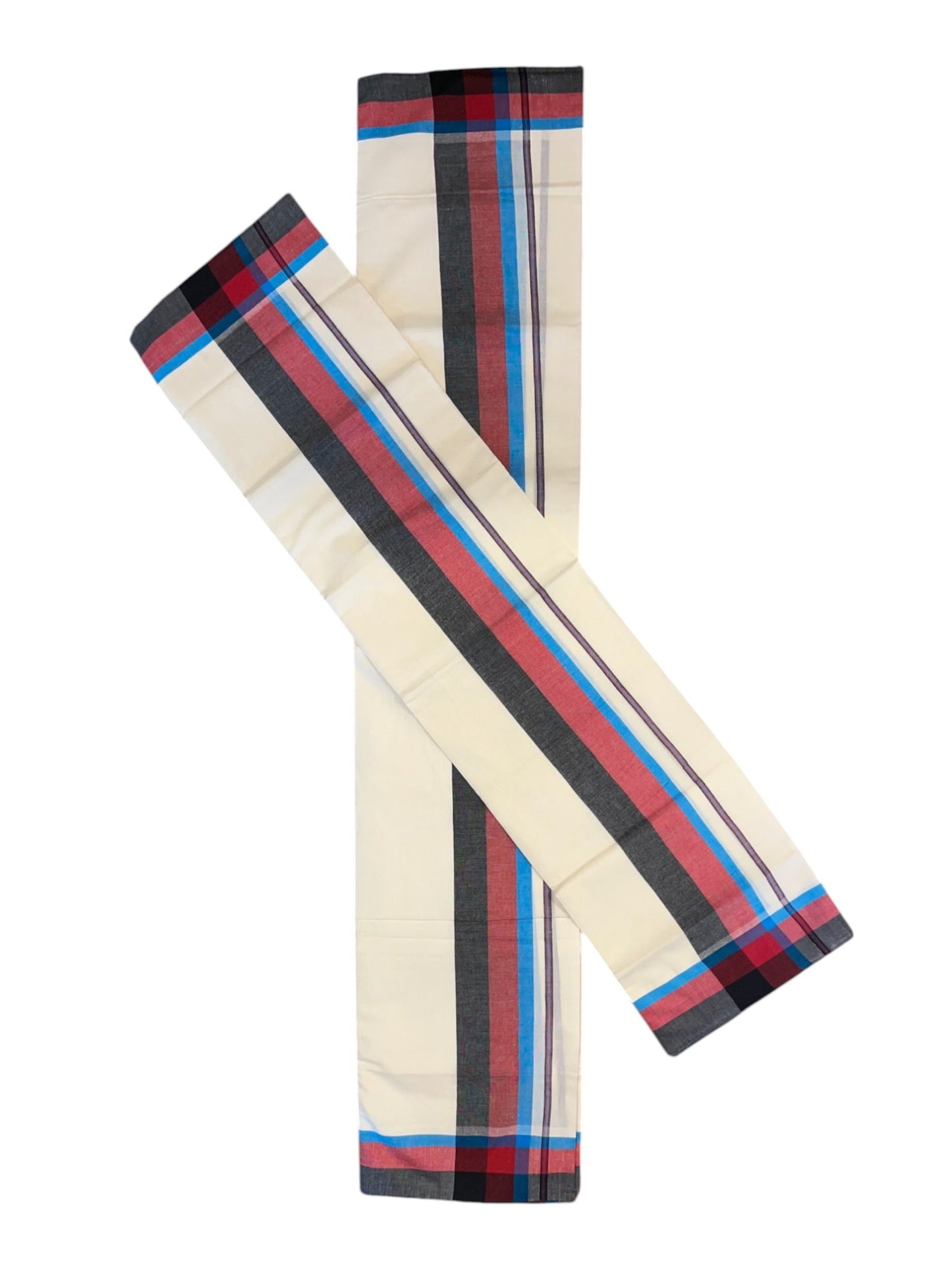 Pure Cotton Mundum Neriyathum Double (Set Mundu) with Blue Red And Black Border