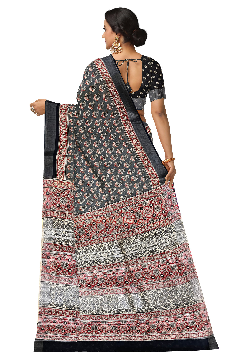 Southloom Linen Grey Designer Saree with Paisley Prints on Body