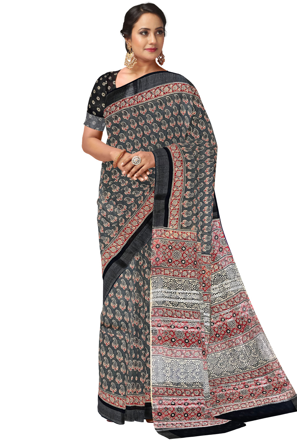 Southloom Linen Grey Designer Saree with Paisley Prints on Body