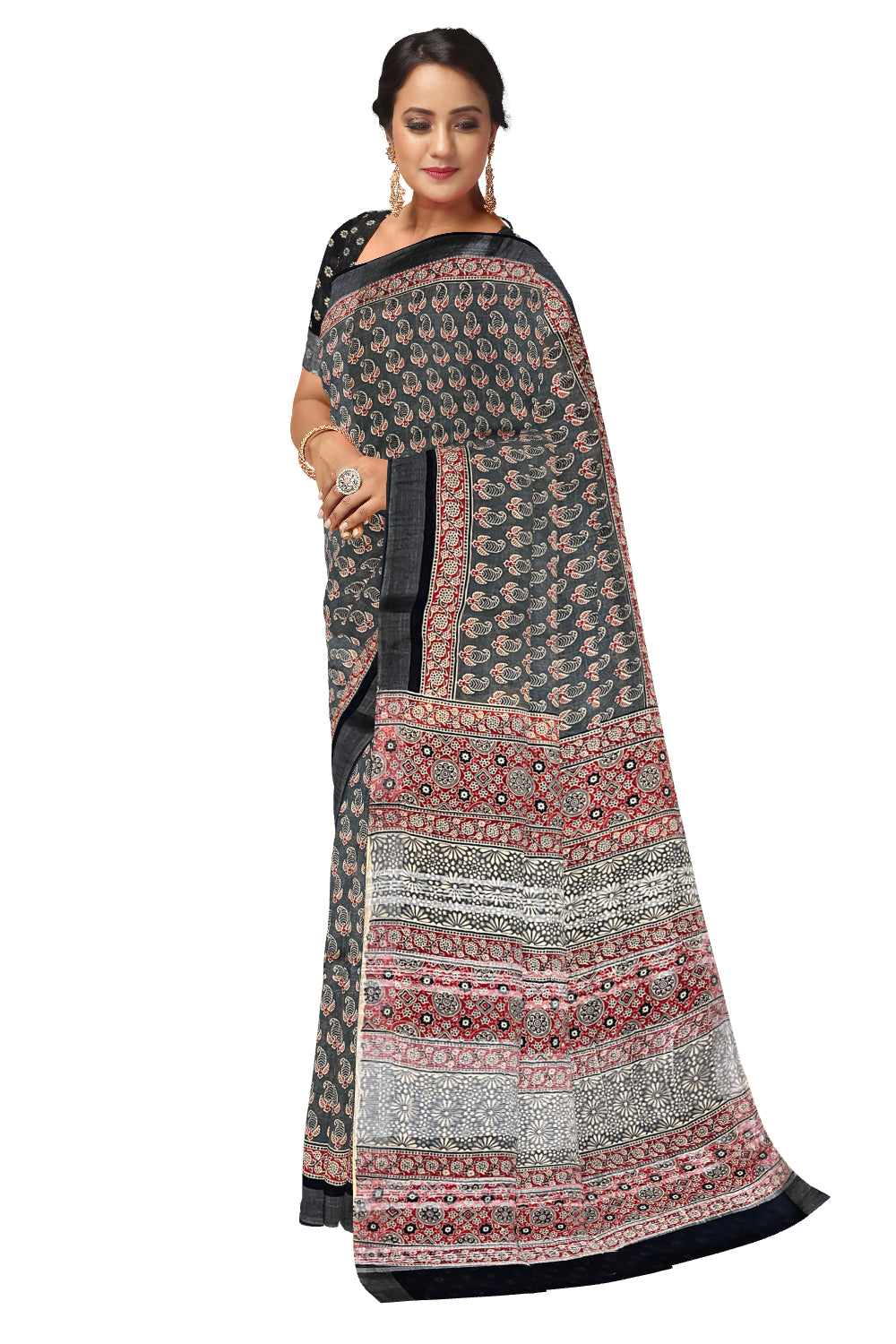 Southloom Linen Grey Designer Saree with Paisley Prints on Body