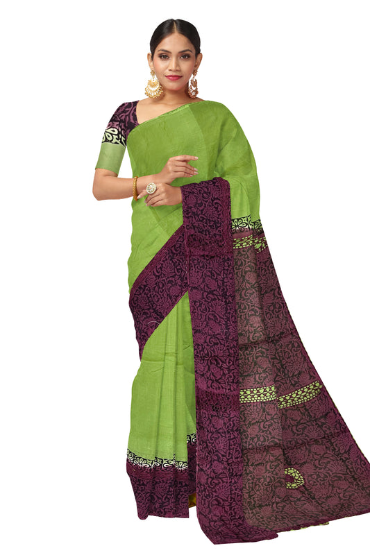 Southloom Pure Cotton Green Saree with Maroon Crochet Woven Designs