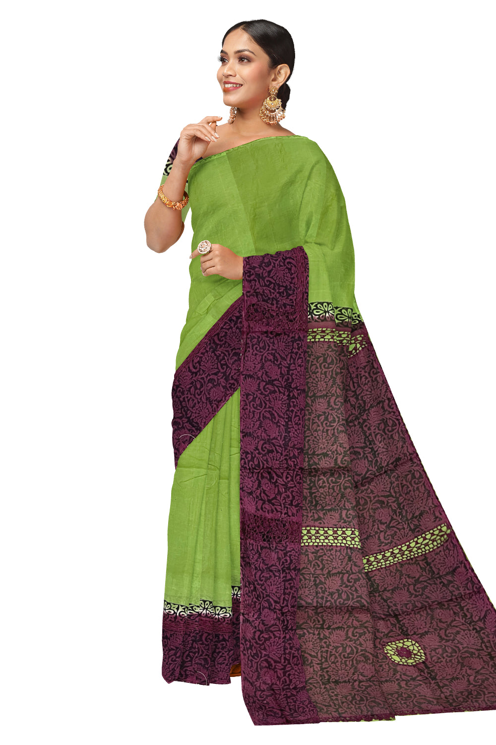 Southloom Pure Cotton Green Saree with Maroon Crochet Woven Designs