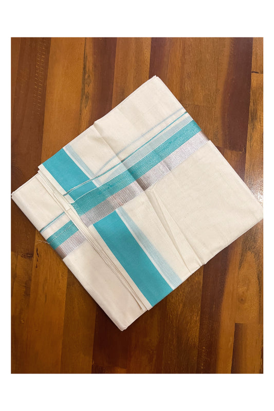 Kerala Cotton Double Mundu with Turquoise and Silver Kasavu Border (Onam Mundu 2023)