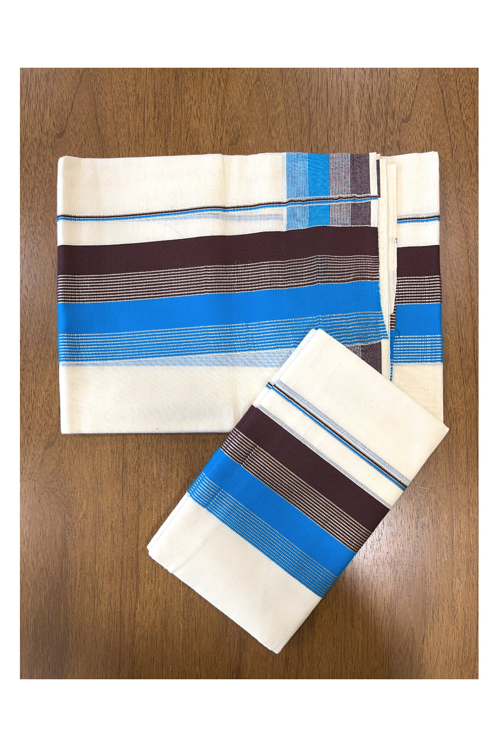 Cotton Set Mundu (Mundum Neriyathum) with Blue Brown and Silver Line Kasavu on Border 2.80 Mtrs