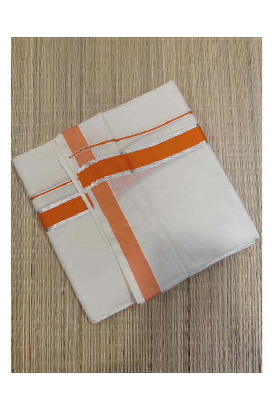 Off White Kerala Double Mundu with Silver Kasavu and Orange Kara (South Indian Kerala Dhoti)