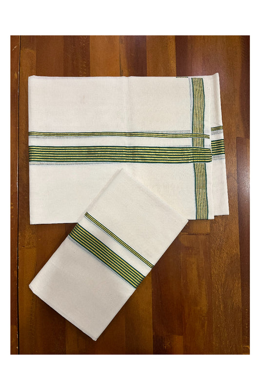 Pure Cotton Handloom Premium Kasavu Set Mundu (Mundum Neriyathum) with Green and Kasavu Border