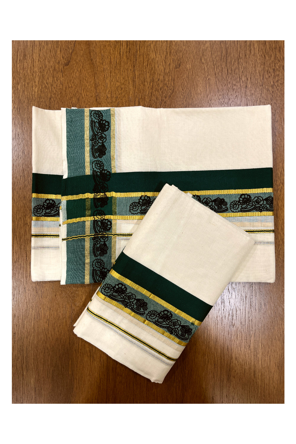 Kerala Cotton Set Mundu (Mundum Neriyathum) with Floral Block Prints in Dark Green and Kasavu Border