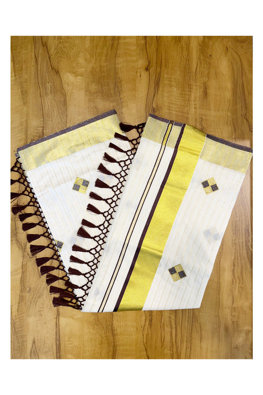 Kerala Cotton Kasavu Lines Saree with Brown and Golden Diagonal Embroidery Work