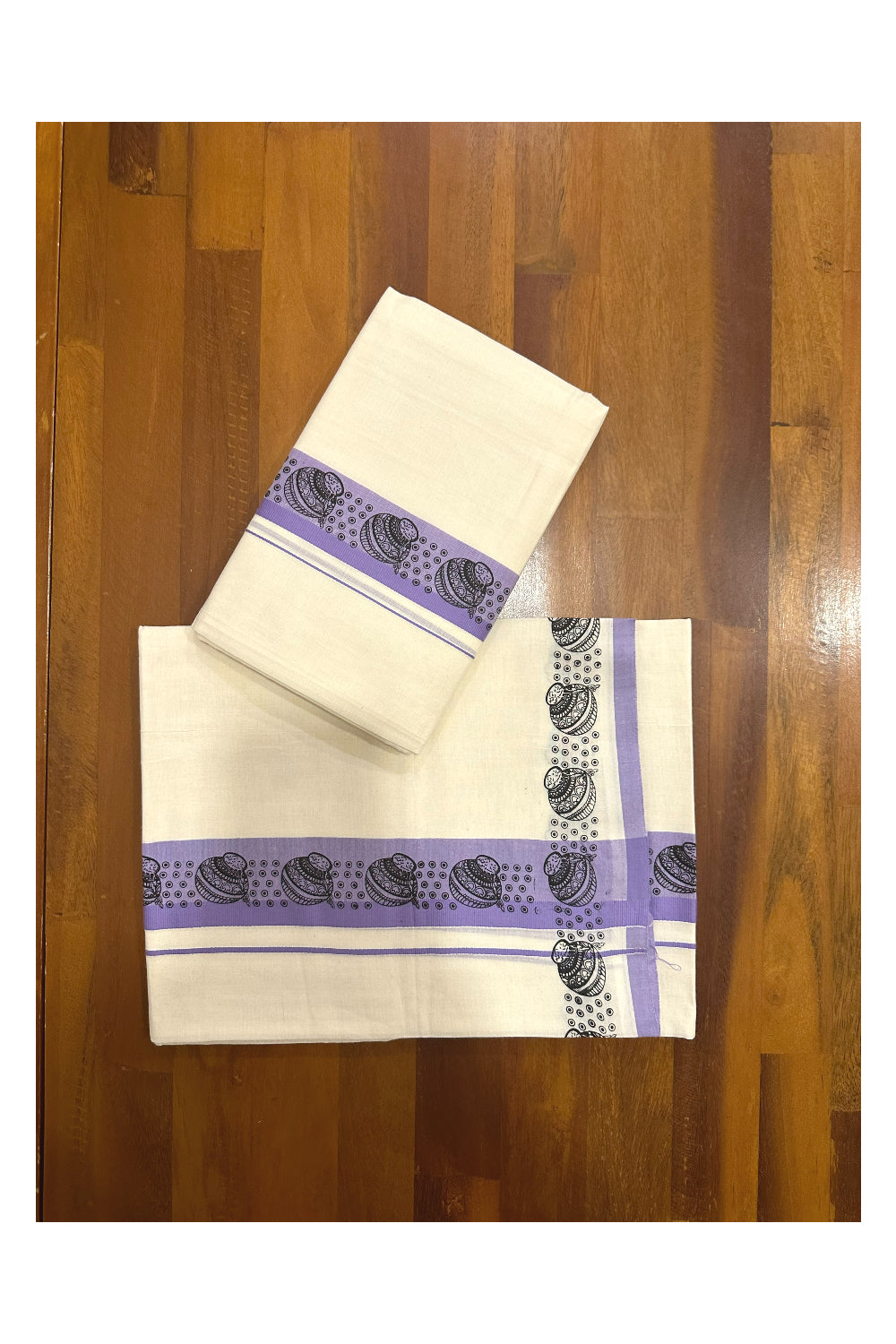 Kerala Cotton Set Mundu (Mundum Neriyathum) with Block Prints on Violet Border (Onam Set Mundu 2023)