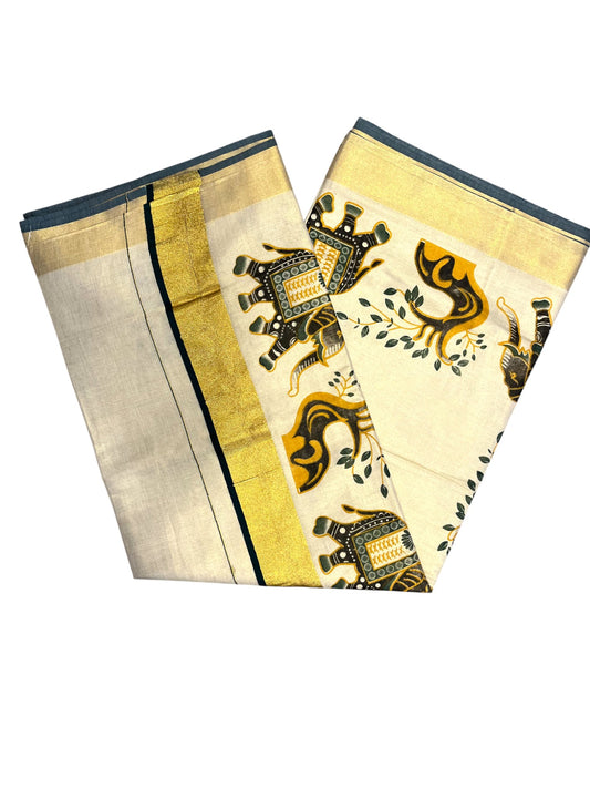 Southloom Kerala Tissue Kasavu Saree with Green Elephant Hand Printed Across Body