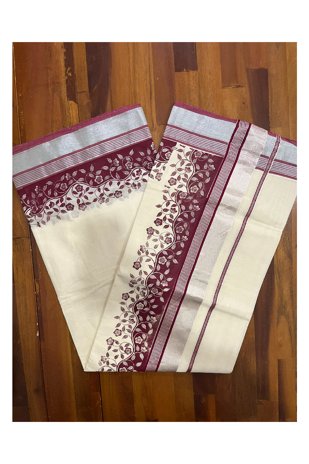 Kerala Cotton Saree with Maroon Floral Block Prints and Silver Kasavu Border (Onam Saree 2023)