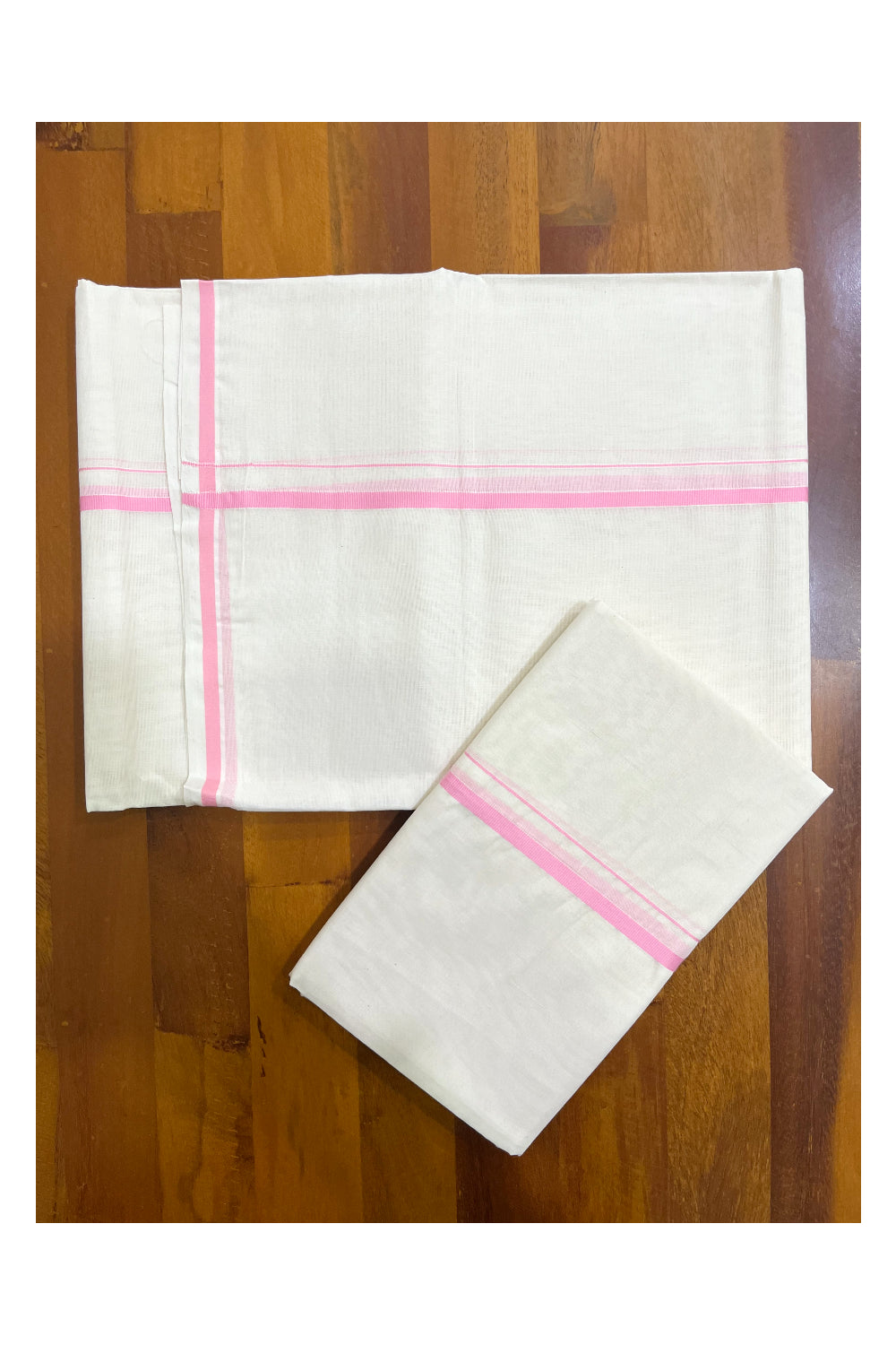 Kerala Cotton Puliyilakkara Single Set Mundu (Mundum Neriyathum) with 0.5 inch Pink Border 2.80Mtrs