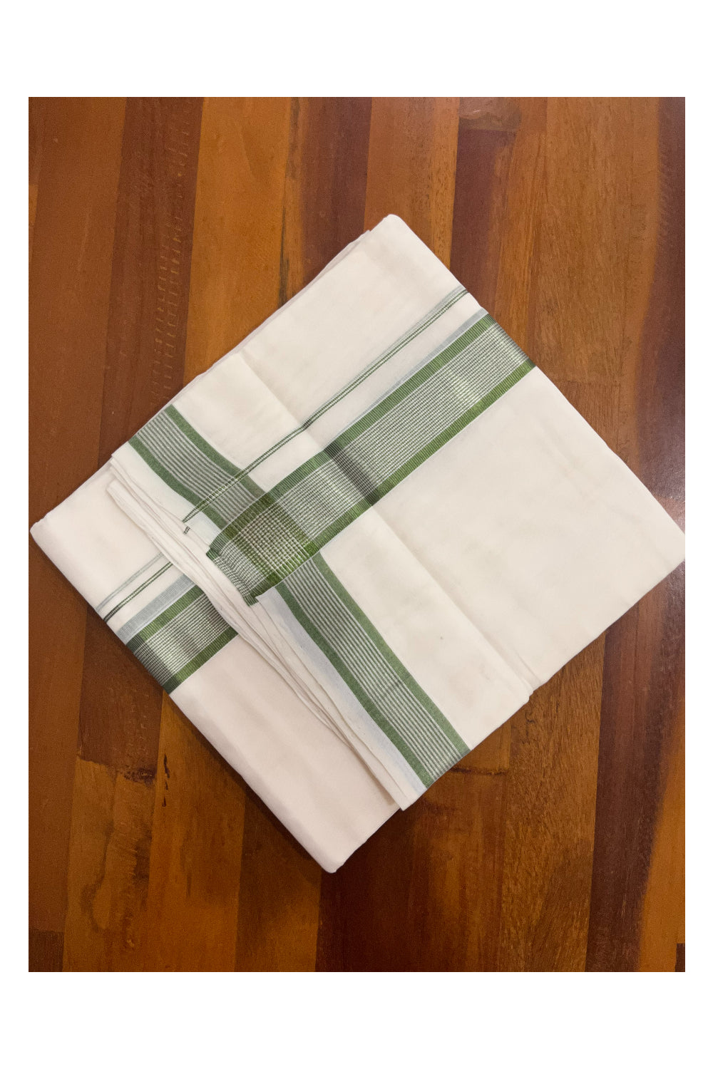 Southloom Premium Handloom Pure Cotton Mundu with Silver and Green Kasavu Border (Onam Mundu 2023)