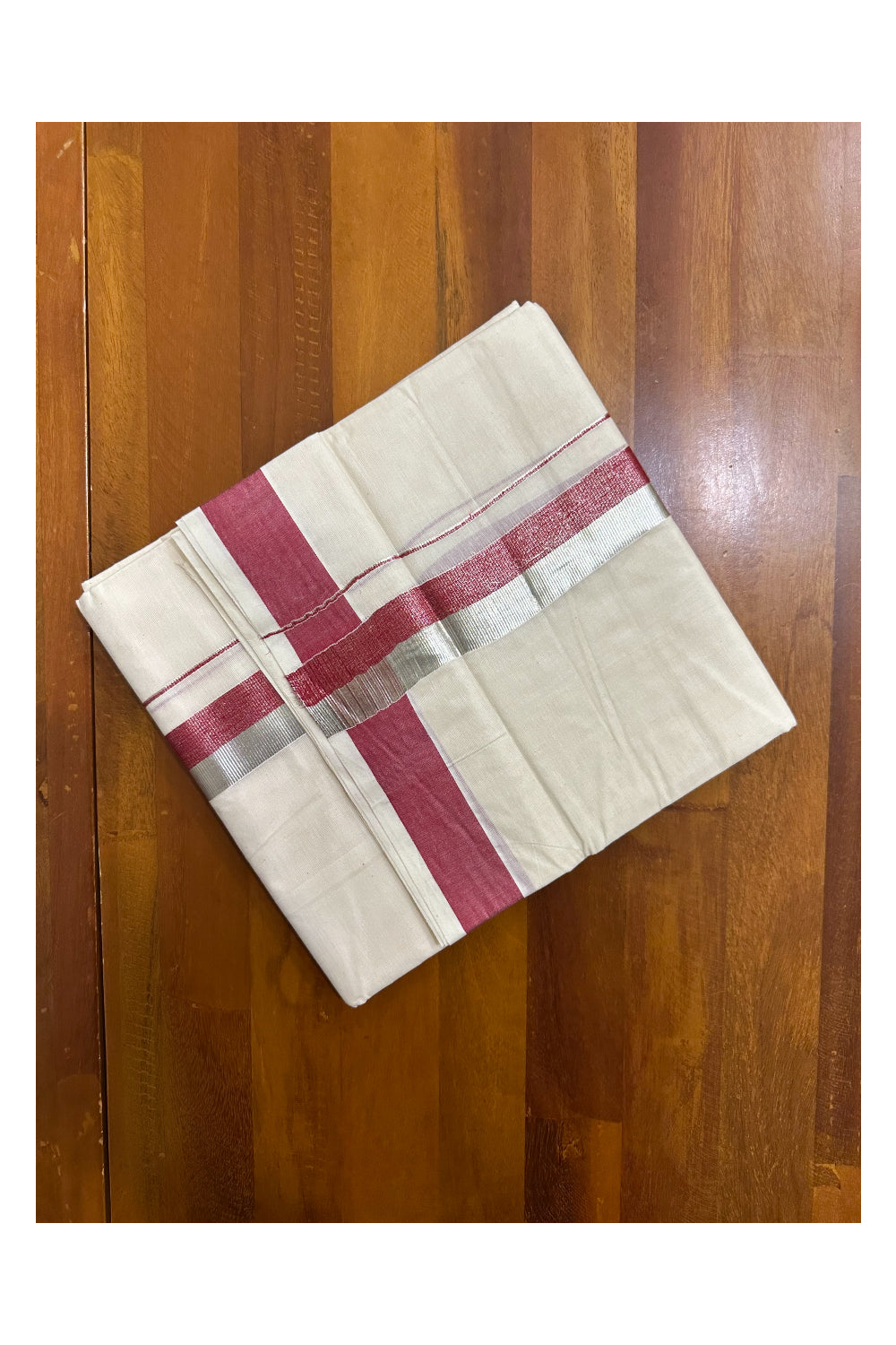 Kerala Pure Cotton Off White Double Mundu with Silver Kasavu And Red Kara (South Indian Kerala Dhoti)