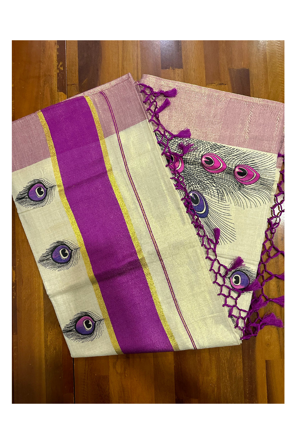 Kerala Tissue Kasavu Saree with Feather Block Prints and Magenta Border (Onam Saree 2023)