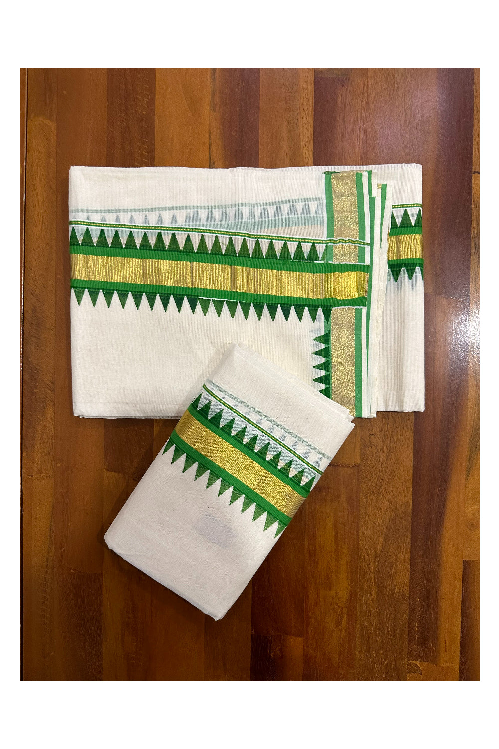 Kerala Cotton Kasavu Single Set Mundu (Mundum Neriyathum) with Green Temple Block Prints on Border 2.80 Mtrs (Onam set Mundu 2023)