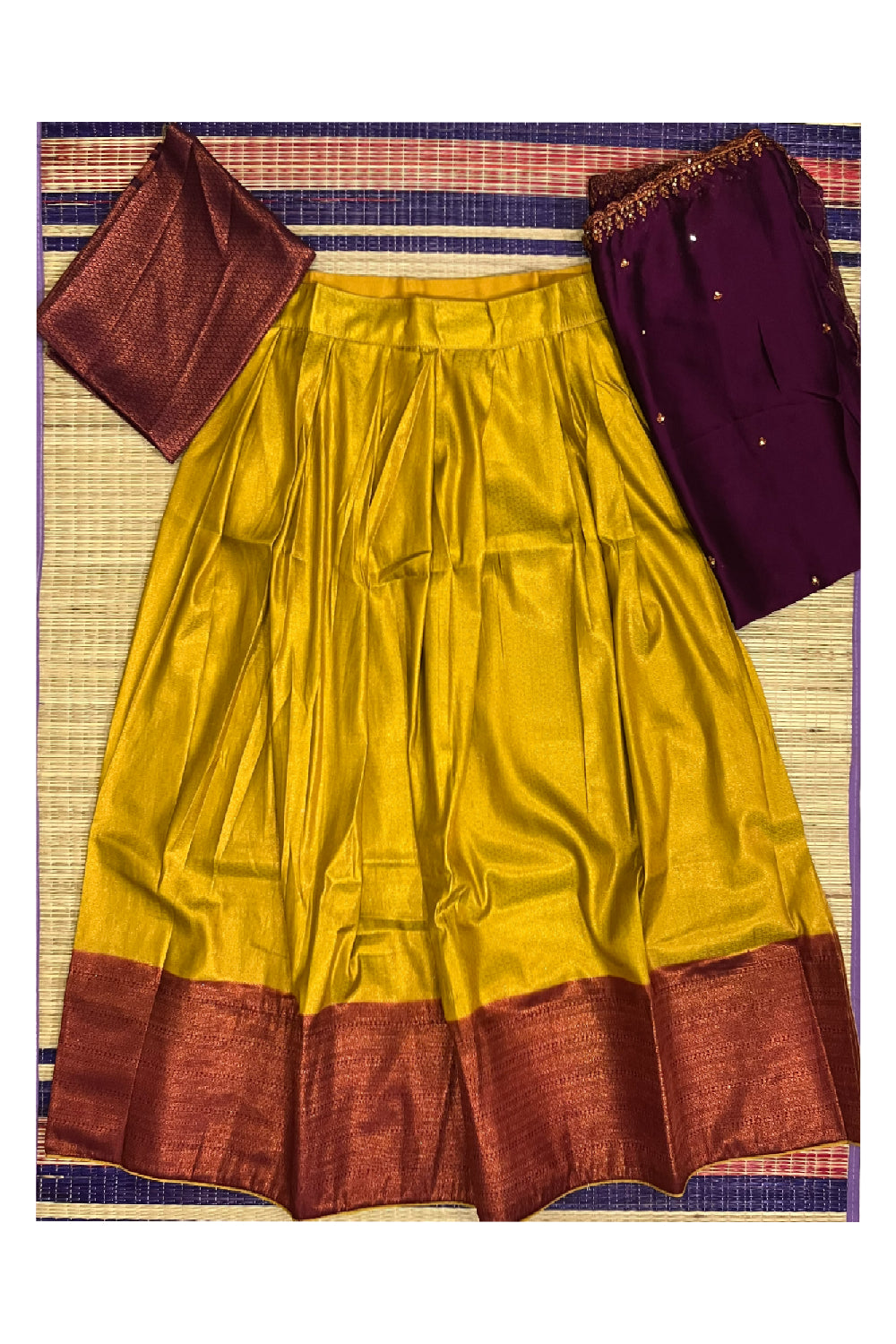 Semi Stitched Premium Semi SIlk Golden Yellow Dhavani Set with Dark Magenta Neriyathu and Blouse Piece