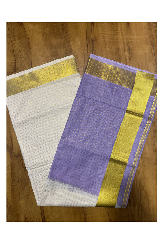 Southloom  Cotton Tie & Dye - Half & Half Lavender Design Saree with Kasavu Checks Across Body