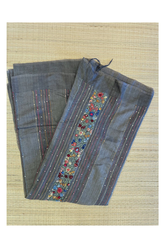 Southloom Dark Grey Linen Saree with Floral Hand Embroidered works