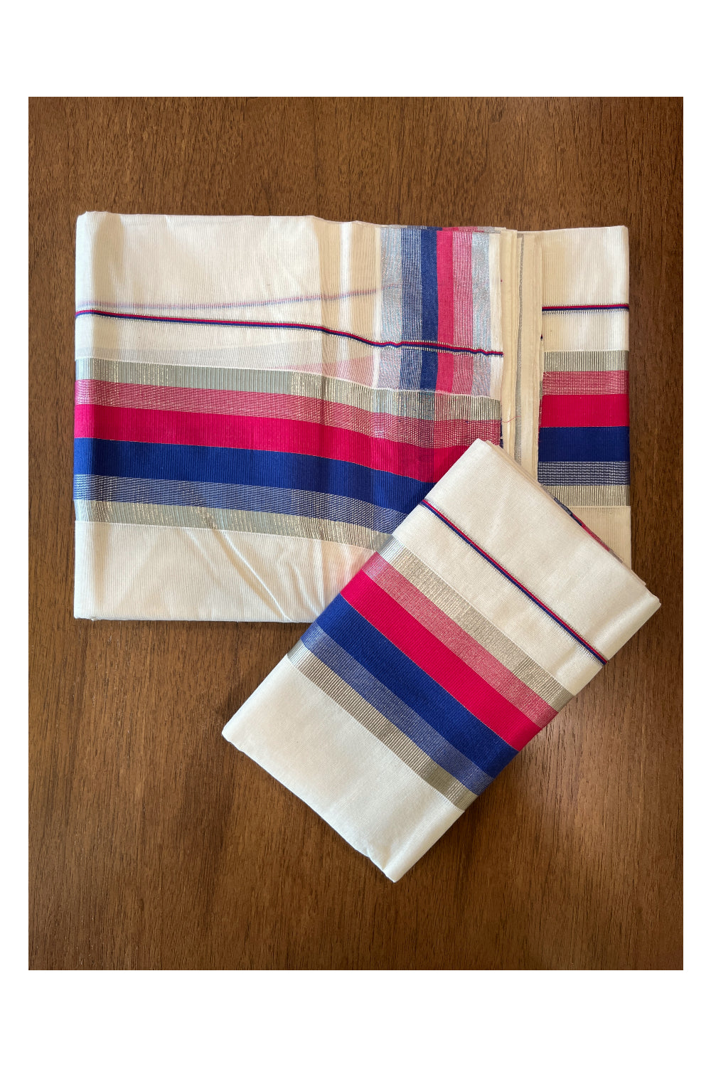 Cotton Mundum Neriyathum Double (Set Mundu) with Magenta Blue and Silver Kasavu Border