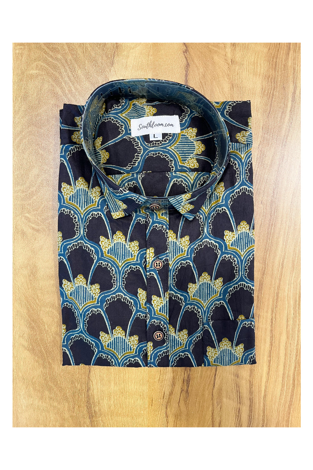 Southloom Jaipur Cotton Black and Blue Hand Block Printed Shirt (Full Sleeves)