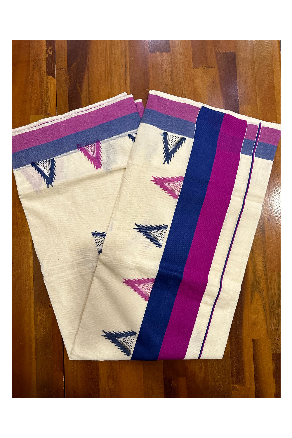 Kerala Cotton Saree with Blue and Magenta Temple Block Prints on Border (Onam Saree 2023)