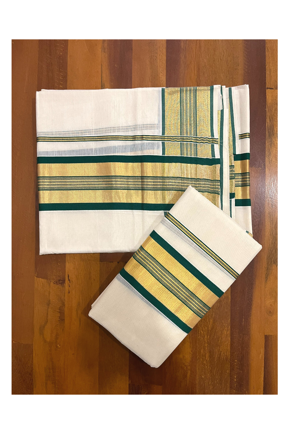 Pure Cotton Kerala Onam 2023 Set Mundu (Mundum Neriyathum) Single with Green and Kasavu Border 2.80 Mtrs