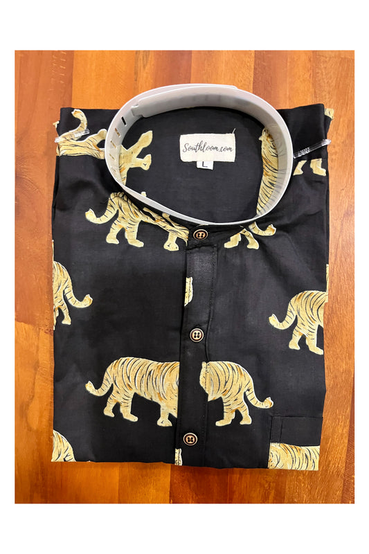 Southloom Jaipur Cotton Tiger Hand Block Printed Mandarin Collar Black Shirt (Full Sleeves)