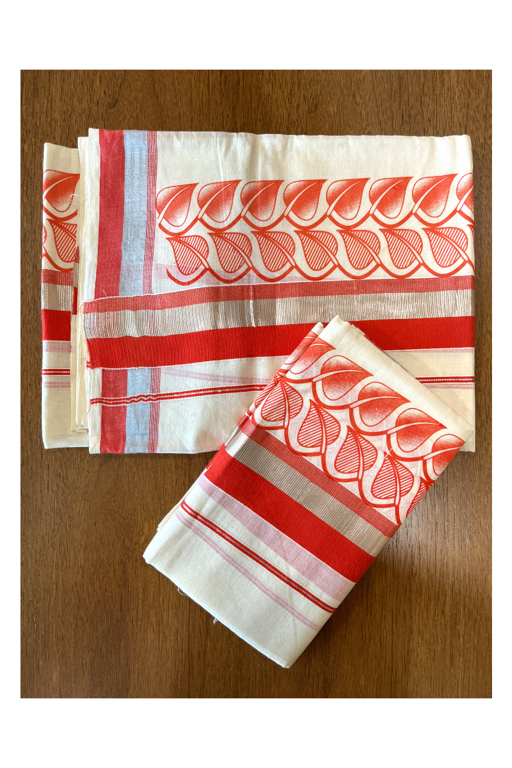 Cotton Single Set Mundu (Mundu Neriyathum) with Block Prints on Silver Kasavu and Orange Border