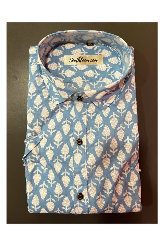 Southloom Jaipur Cotton Blue Hand Block Printed Shirt (Half Sleeves)